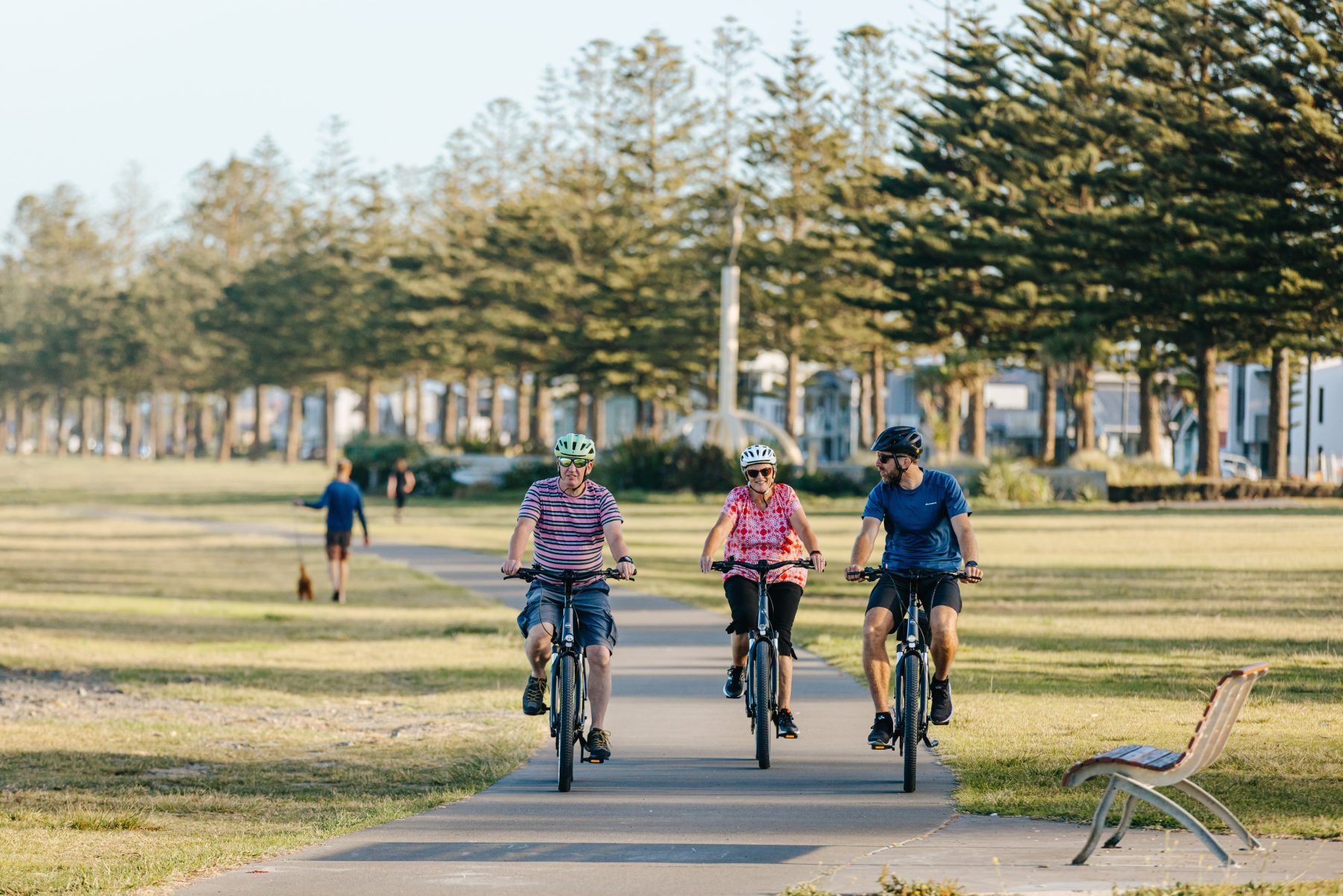 Three riders on the Marine Parade path under the Norfolk pines