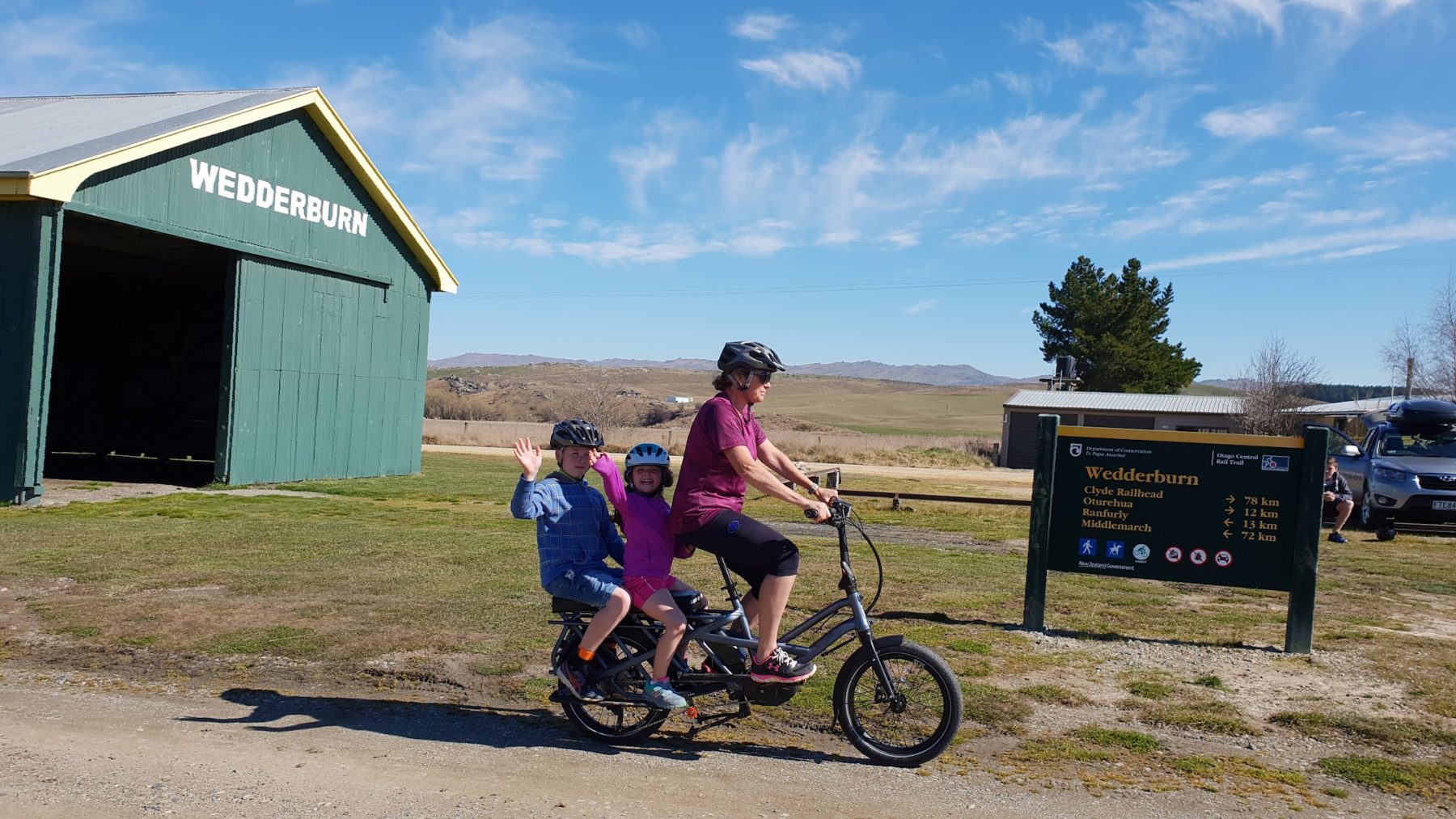 Riders at the Wedderburn goods shed on the Otago Central Rail Trail