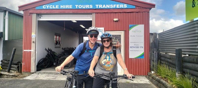 Riders outside the Top Trail hire shed in Kaikohe